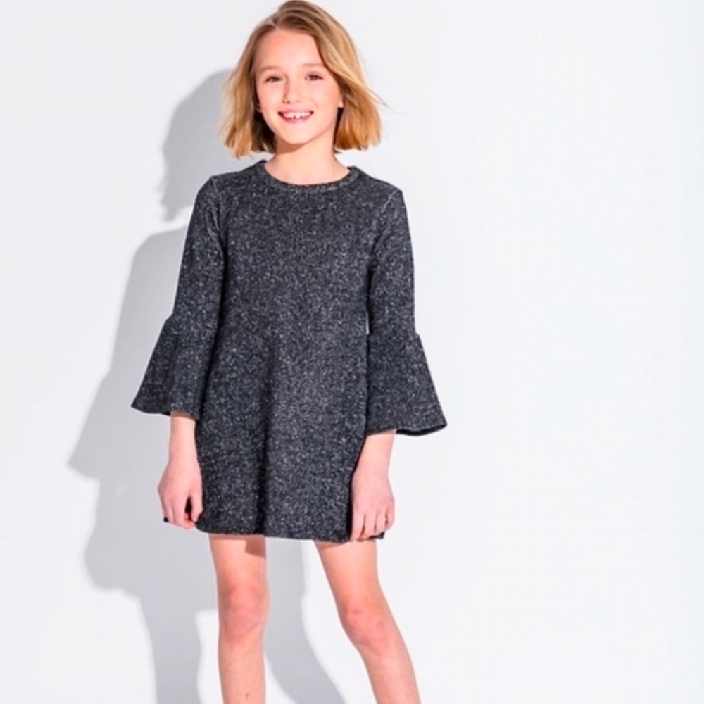 Zara girls marbled knit dress with bell sleeves.